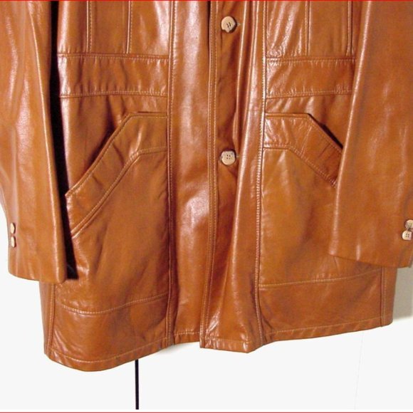 Vtg 70's Sears Leather Shop Fuzzy Lined Button Brown Leather Jacket Sz 44 Tall - Picture 3 of 8